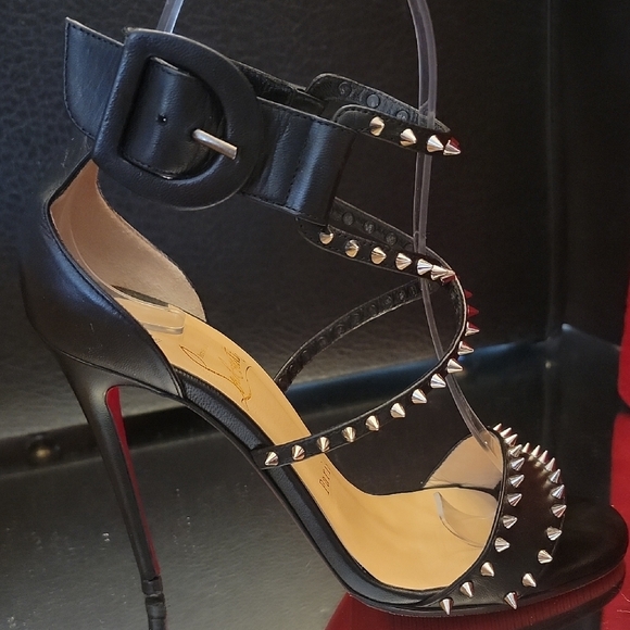 Christian Louboutin Black Choca Spikes 100 Kid Heels - Picture 5 of 16